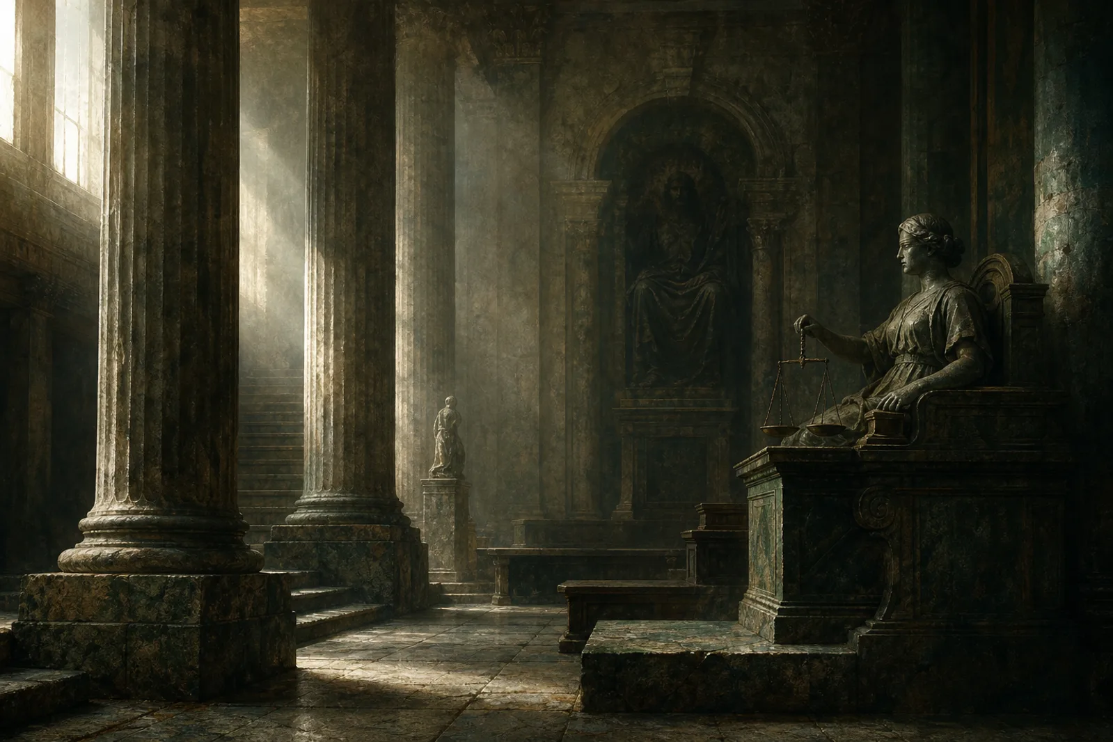 The vast solemn interior of an ancient court of equity, worn stone columns and flagstones lit by soft light from high windows.