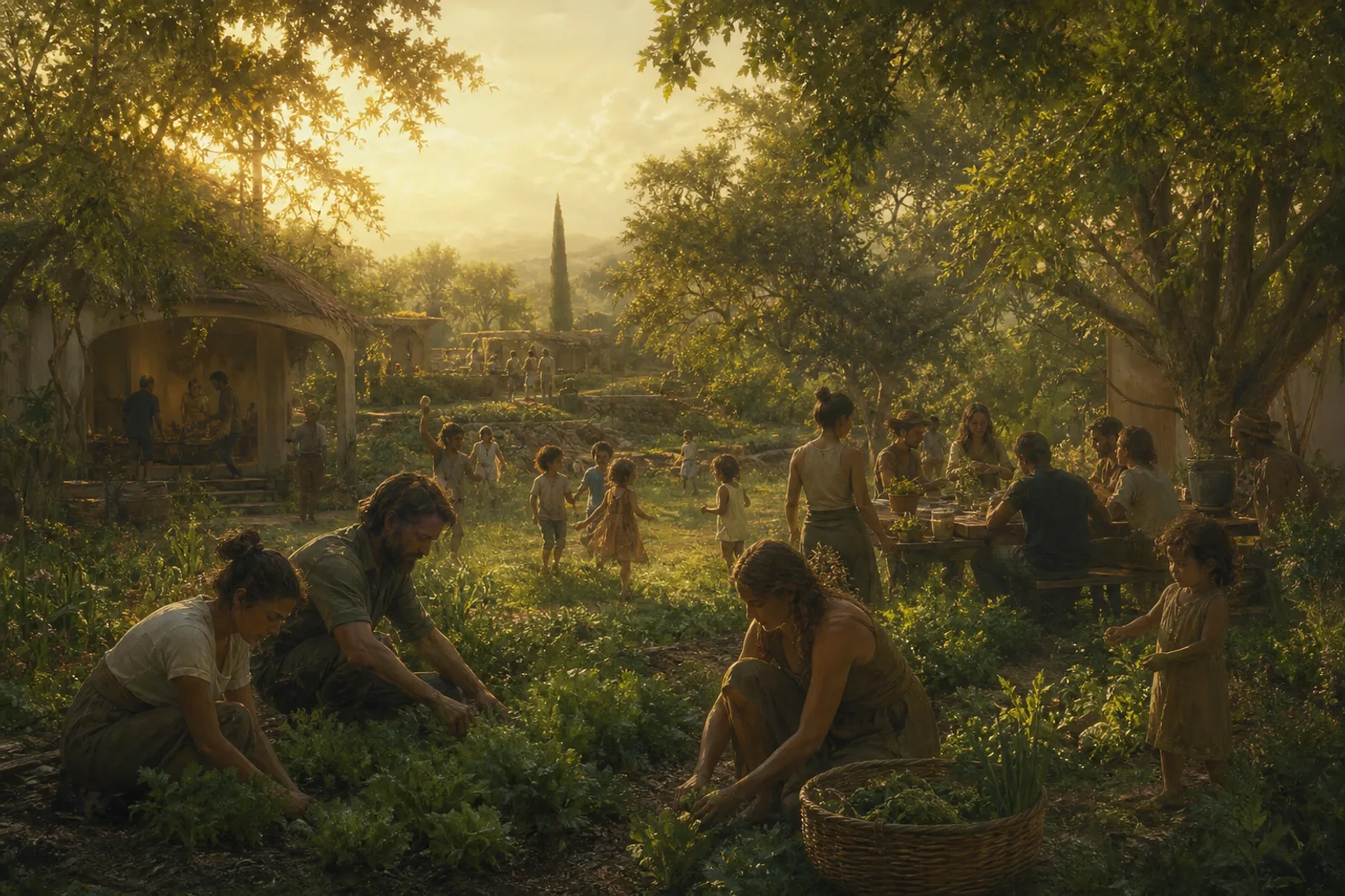 A small self-sufficient community working communal land at golden hour, tending crops with children playing in the open.