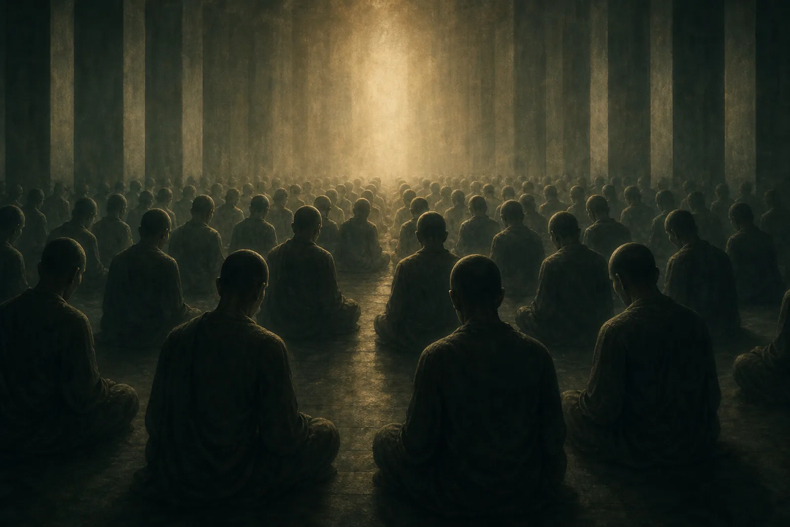 Rows of identical seated figures in a dim hall, heads bowed toward a soft glowing light — quiet, unquestioning acceptance.