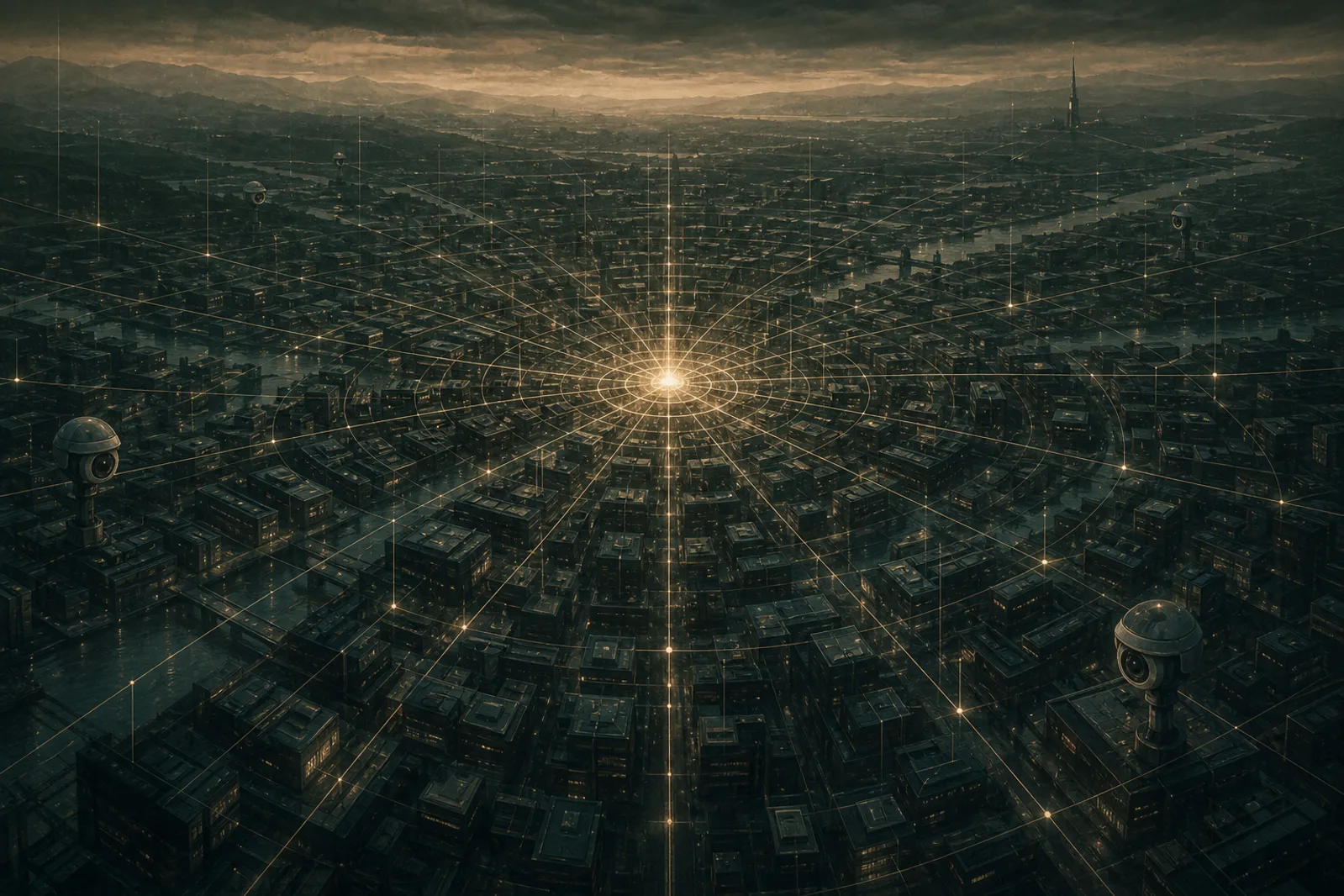 A vast, cold, orderly city at dusk threaded with faint glowing data lines all converging inward — a quiet tightening of control.