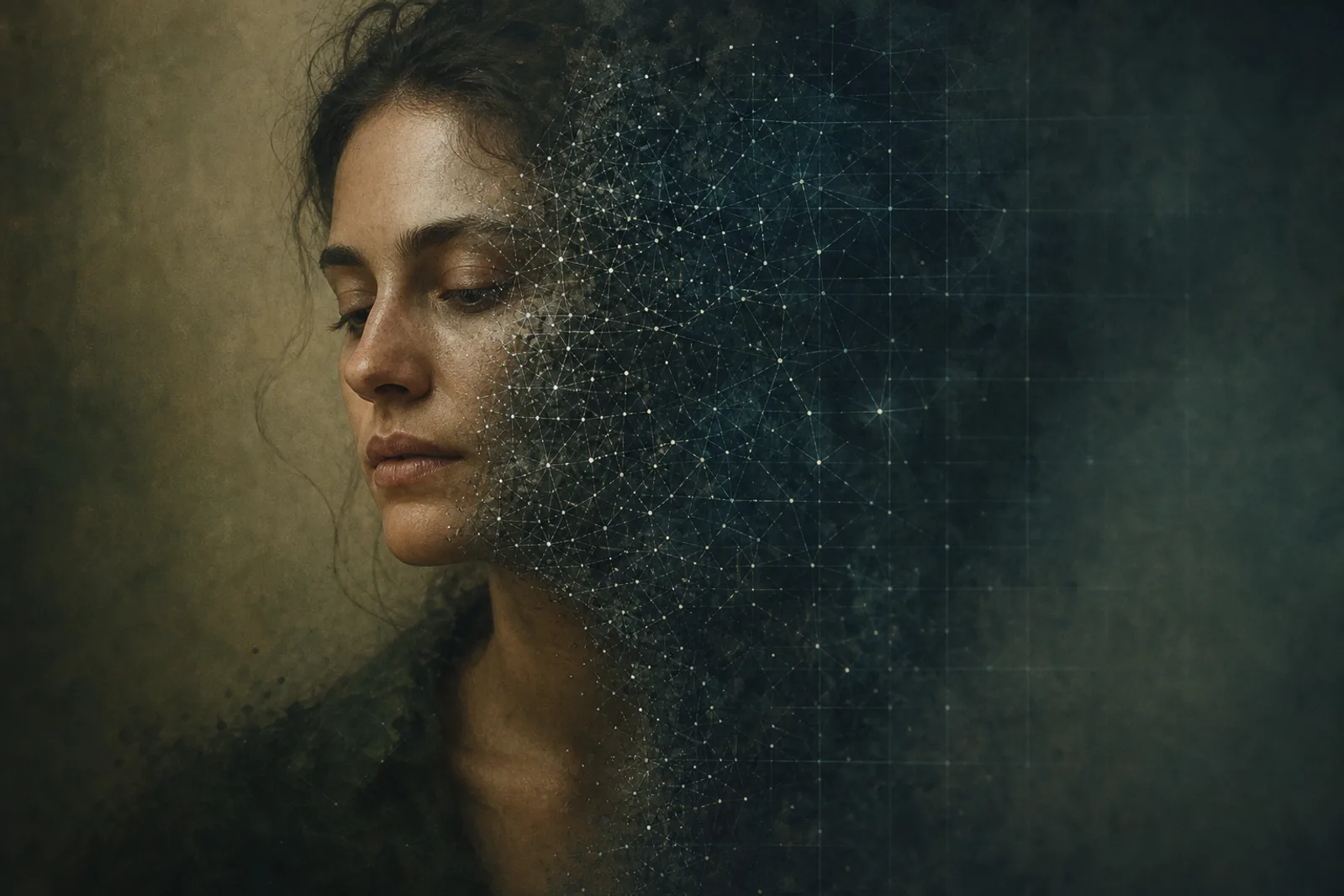 A human face dissolving on one side into a cold lattice of biometric points and a scan grid — a living being reduced to data.