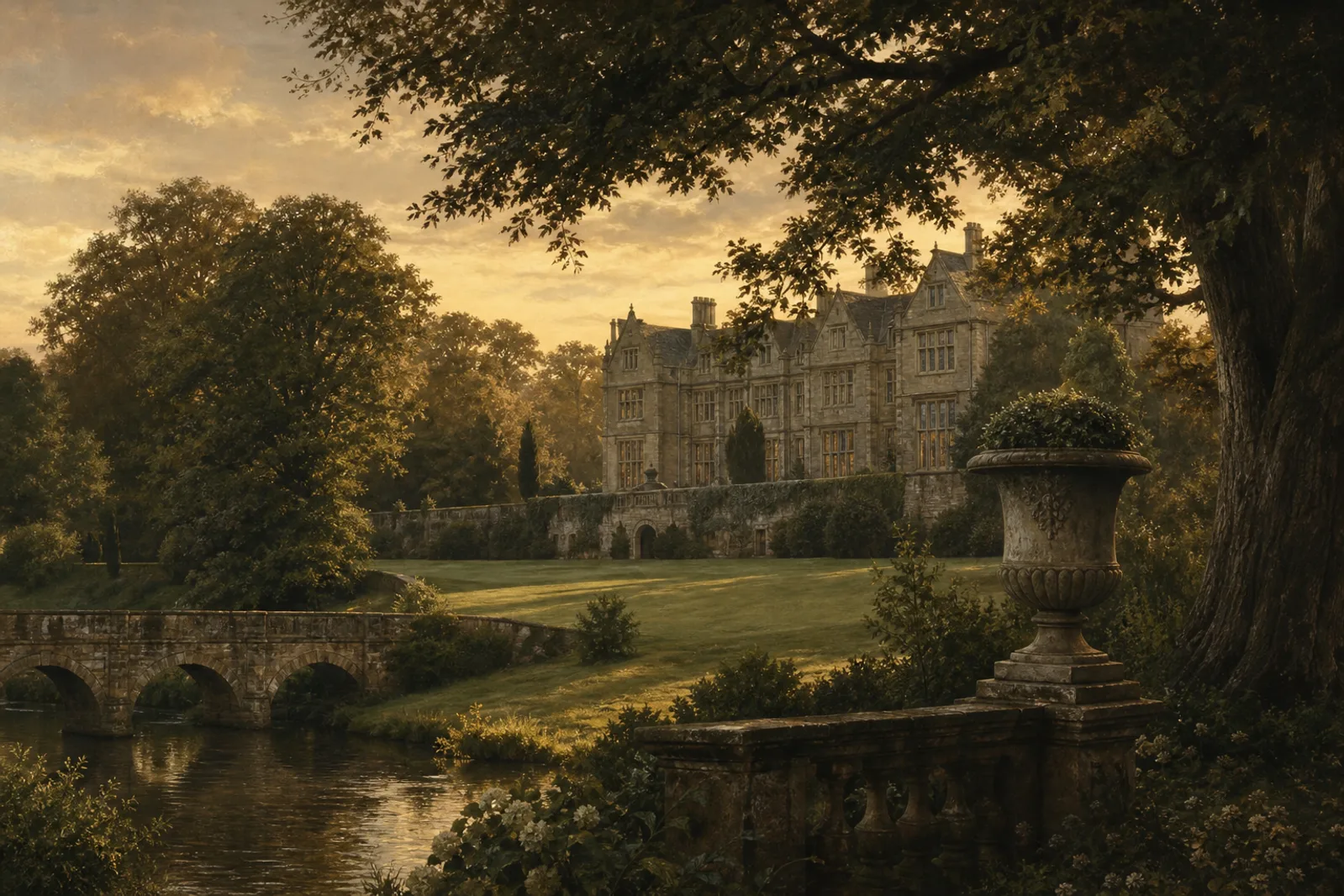 A grand old stone country estate among mature trees and parkland at golden hour, enduring across generations.