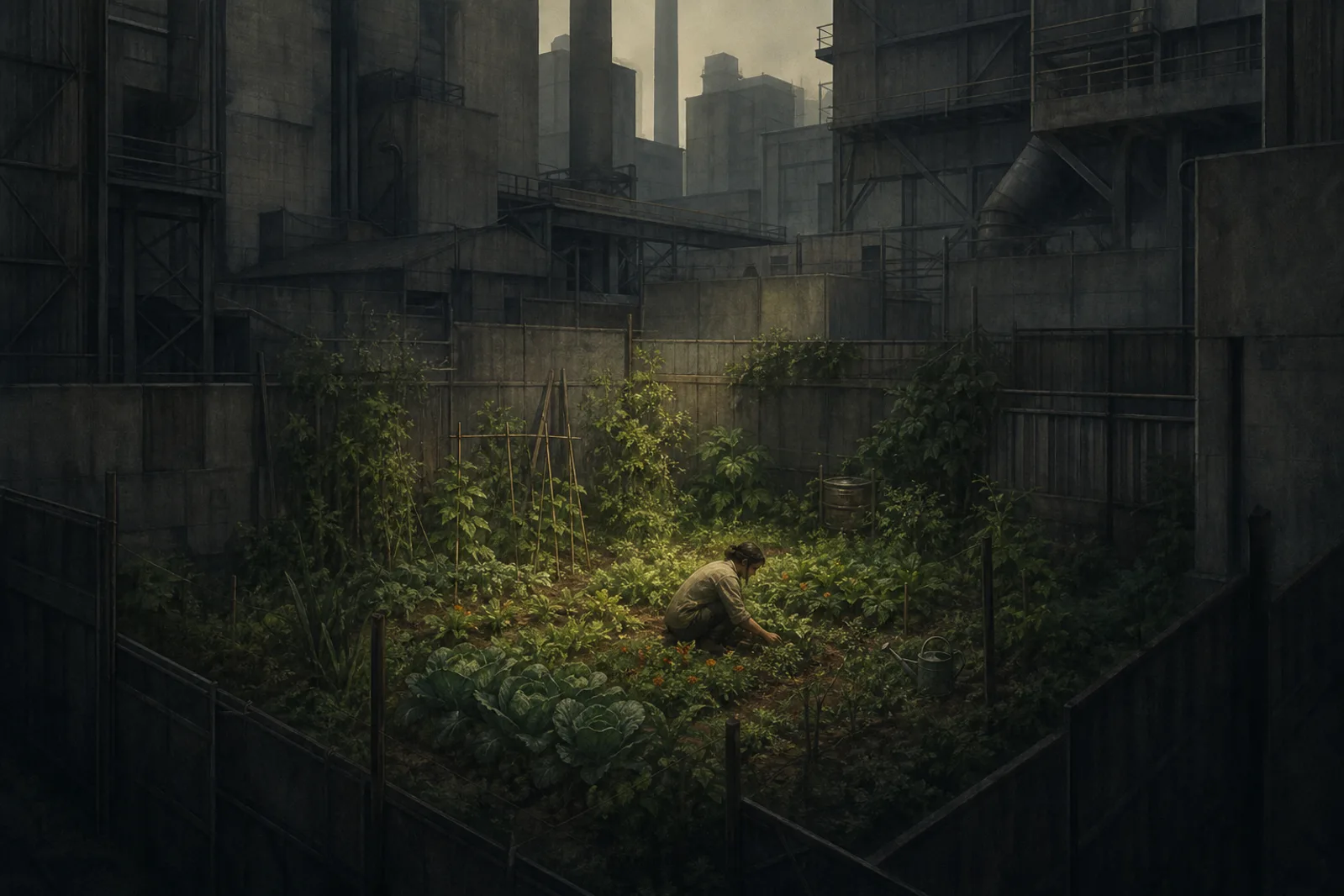 A small green vegetable garden being closed in on all sides by cold industrial grey structures, the living soil shrinking into shadow.