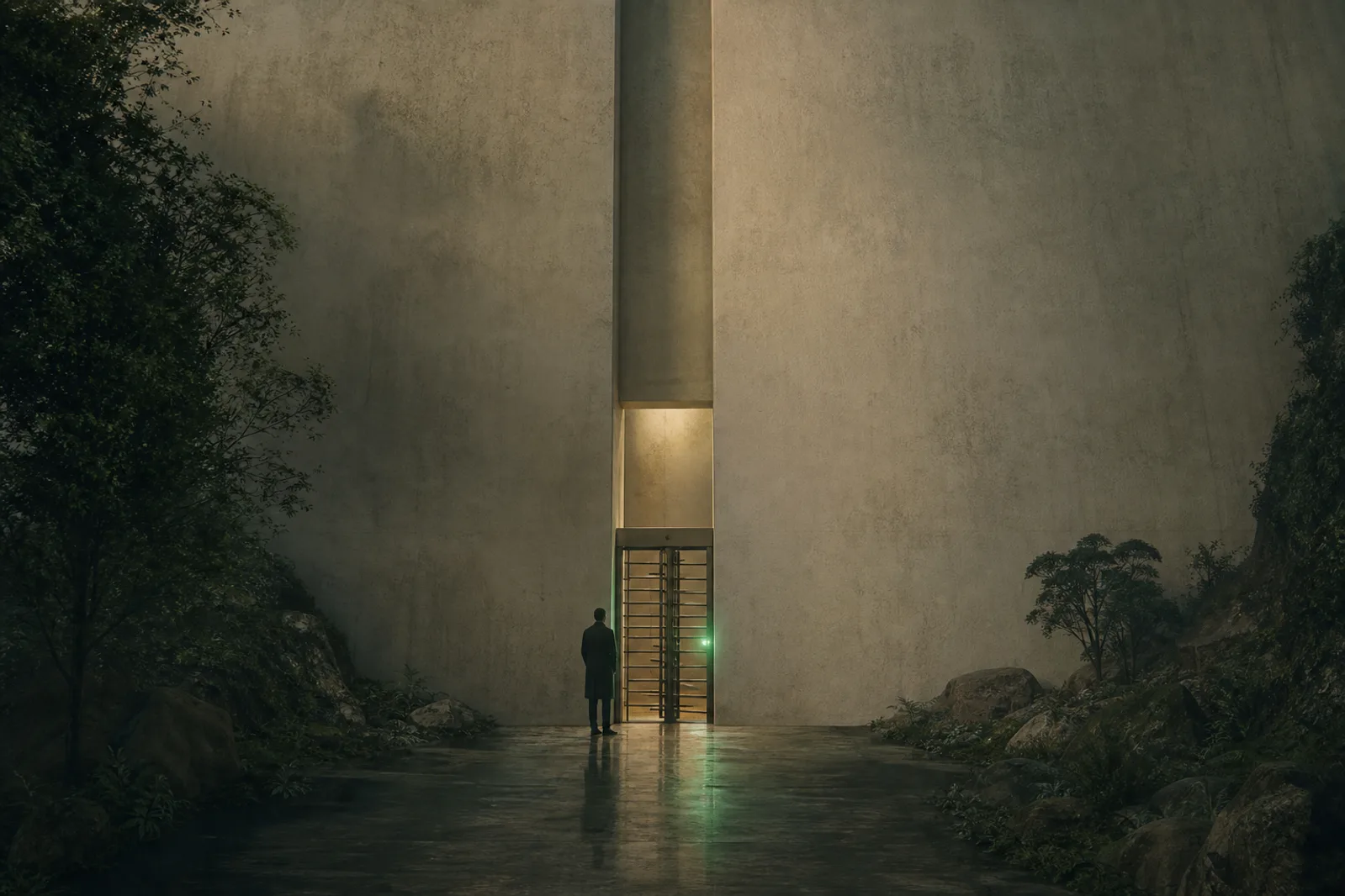 A single narrow turnstile gate in an immense concrete wall with a glowing scanner, one small figure pausing before it.