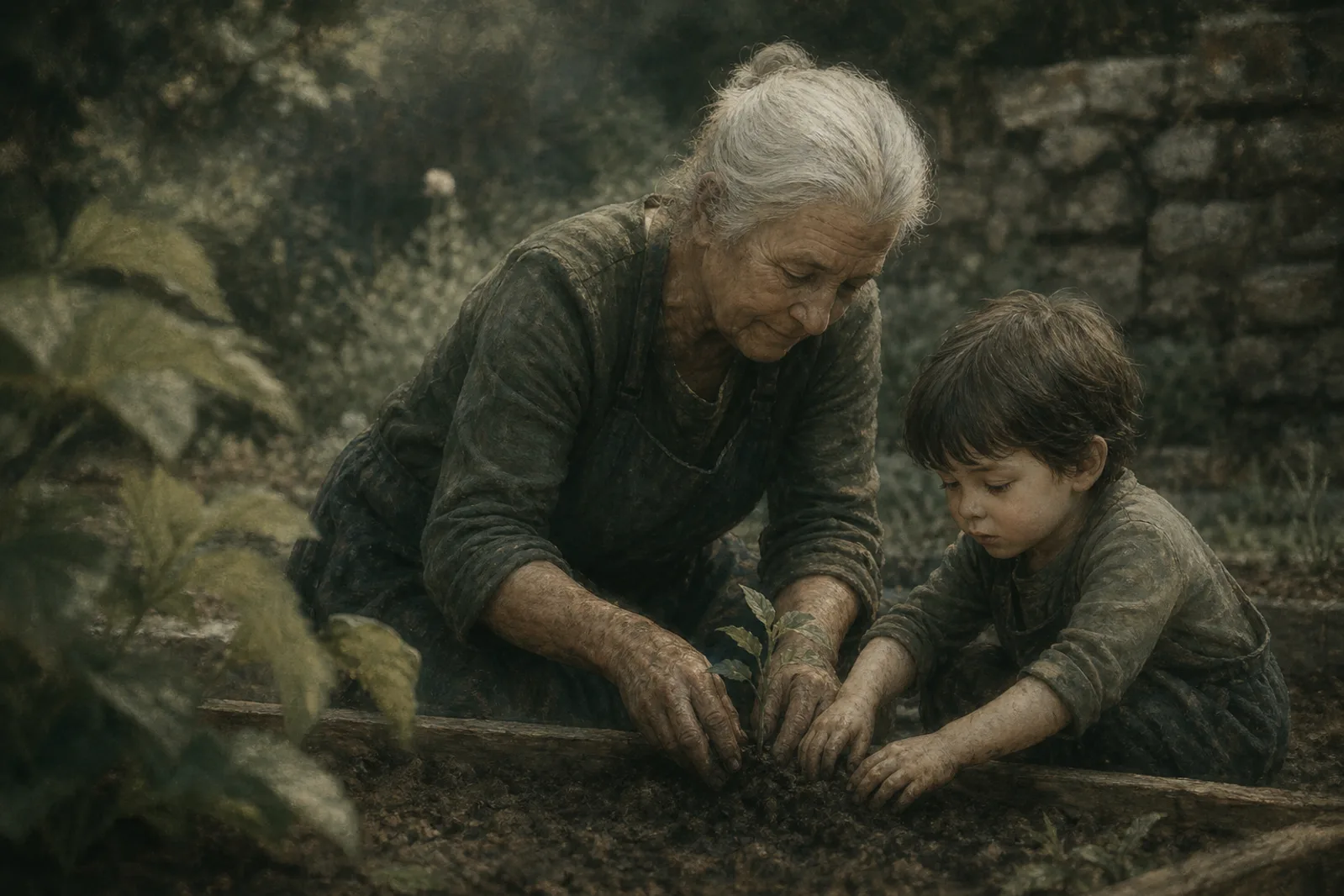 An older person and a young child working side by side at a garden task, the child watching and helping.
