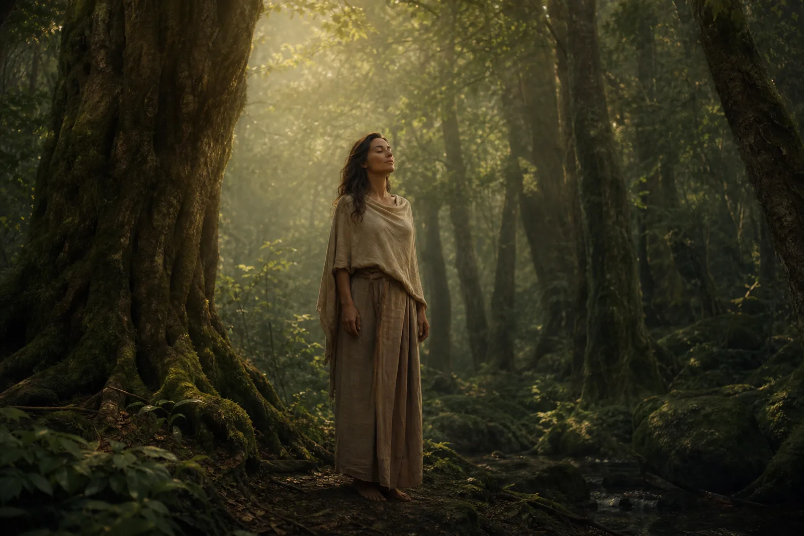A living person standing free and barefoot in an ancient forest at dawn, warm light through the green canopy.