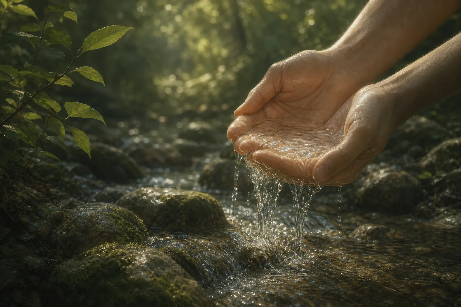 Clear, clean spring water running over stones in green woodland, cupped hands lifting water to the light.