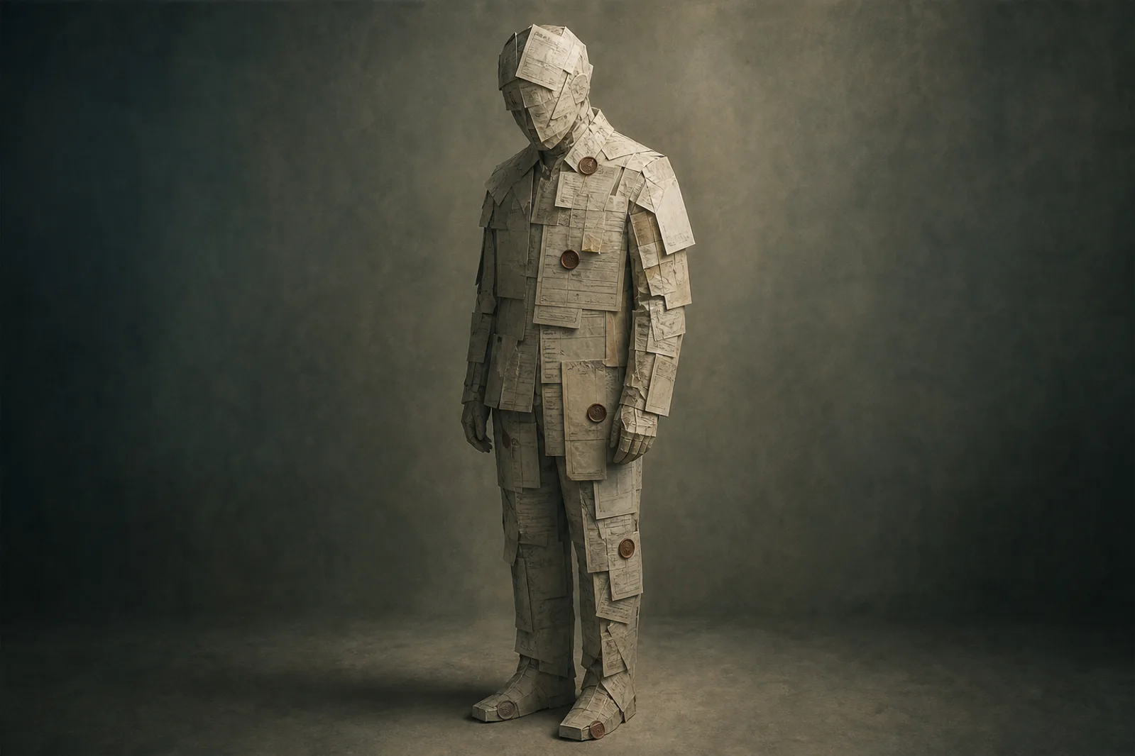 A faceless human figure made entirely of official documents, forms and wax seals, standing in a grey institutional void.