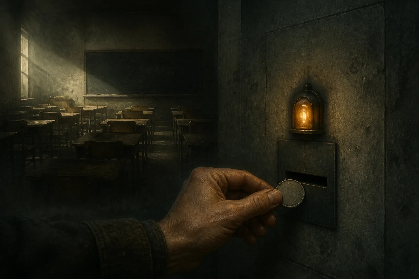 A hand placing a plain metal token into a slot in a cold institutional wall beneath a small amber lamp, with rows of empty school desks and a blank blackboard fading into shadow behind — the reflex to pay for breaking a rule, learned young.