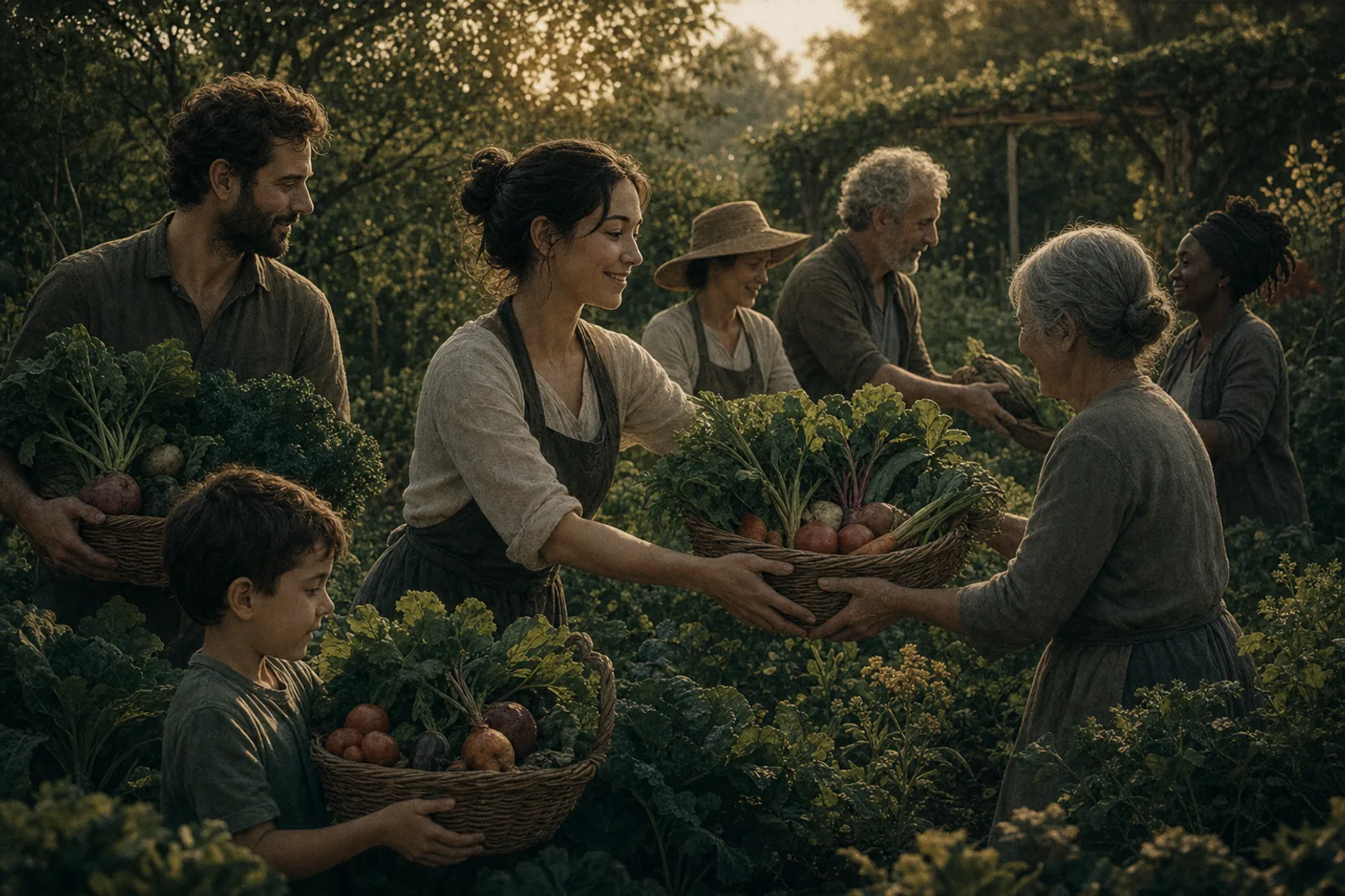 People of mixed ages gathering an abundant vegetable harvest together, baskets brimming with fresh produce.