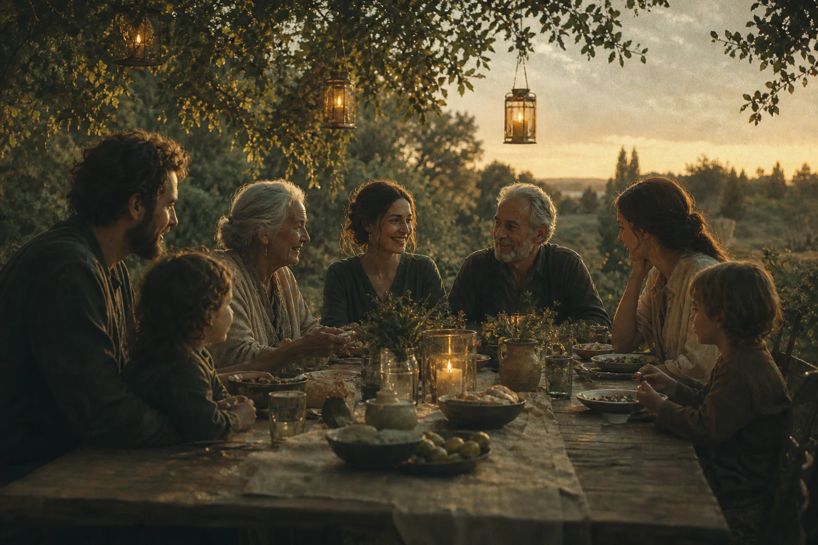 A multi-generational group sharing a simple meal around a long table outdoors at golden hour, relaxed and unhurried.