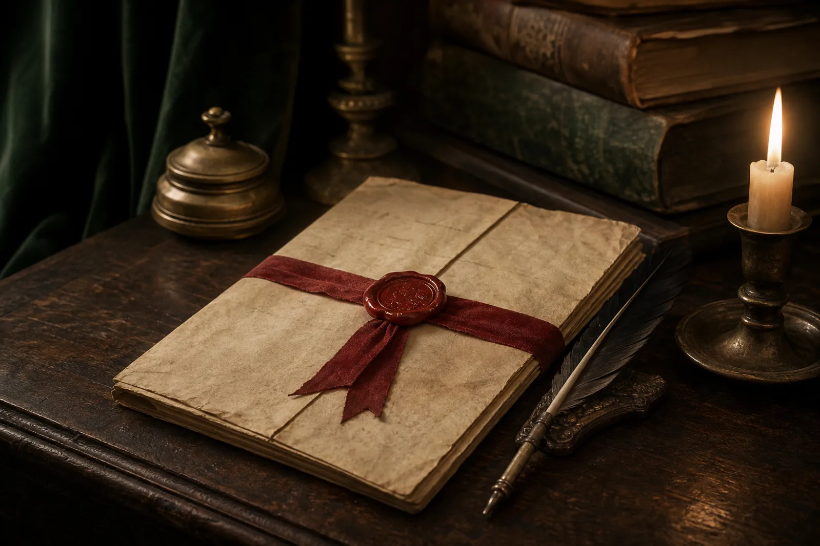 An aged handwritten trust deed on parchment, closed with a red wax seal and ribbon, beside an old quill in candlelight.