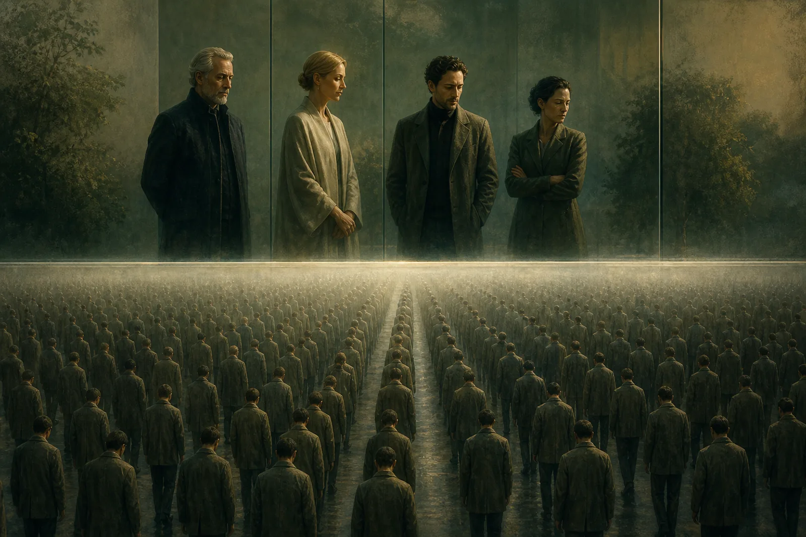 A two-tier scene: a small group of composed figures apart behind a glass divide, above a vast orderly crowd moving in processed lines — the few who understand the system and the many treated as its subjects.